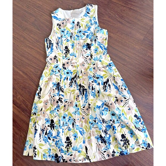 Kasper Women's Linen-Blend Printed Sleeveless Flared-Skirt Dress White Multi 16 - Picture 6 of 14